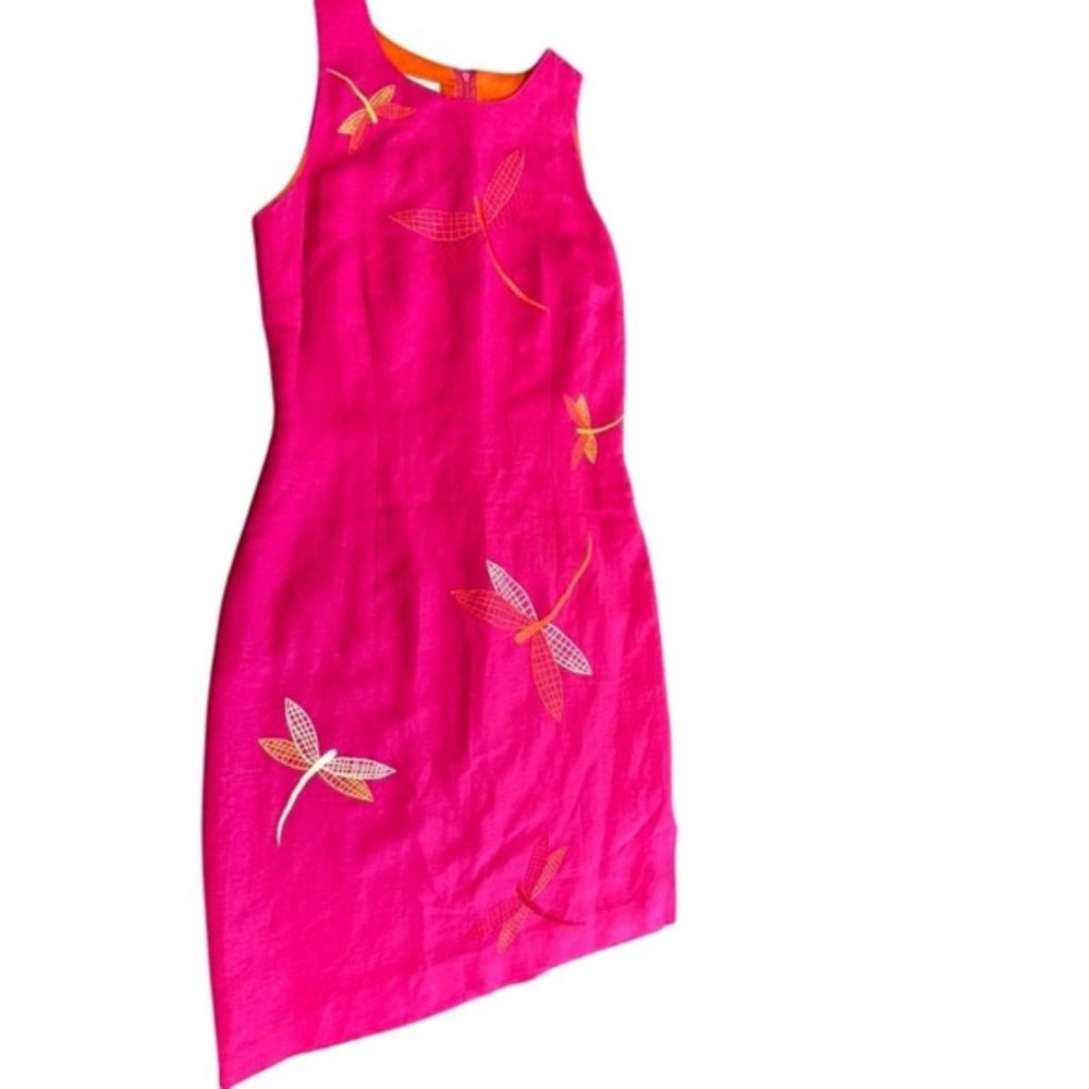 "TALBOTS" Linen Blend Pink Summer Dress Emb. Dragonflies SZ 6P MISSING 1 Button!